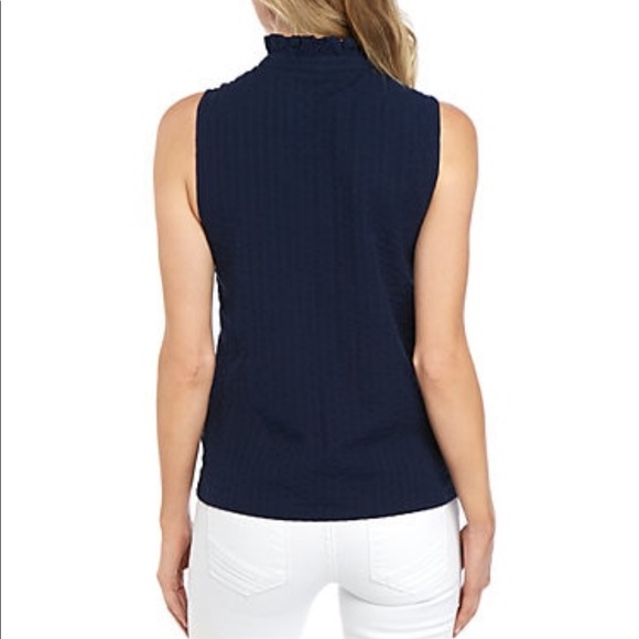 Petite Sleeveless Ruffle Split Neck Blouse - Blue - Picture 2 of 4